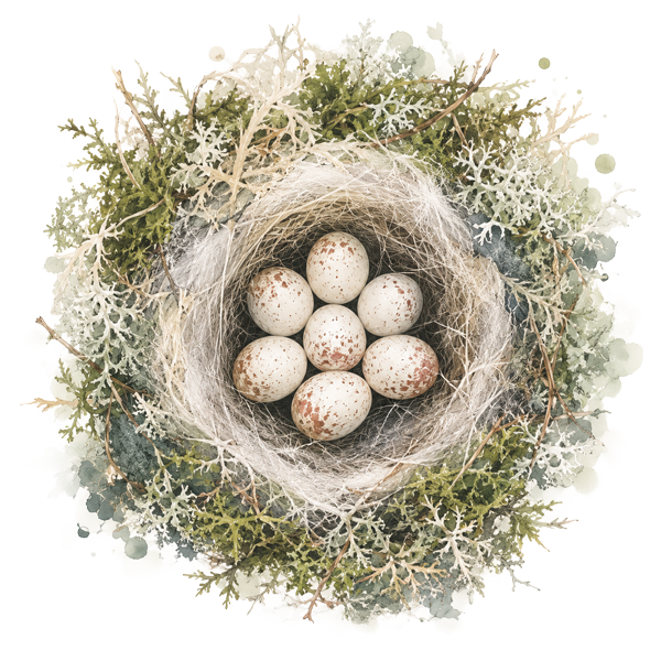 Illustrasjon av syv egg i reiret
